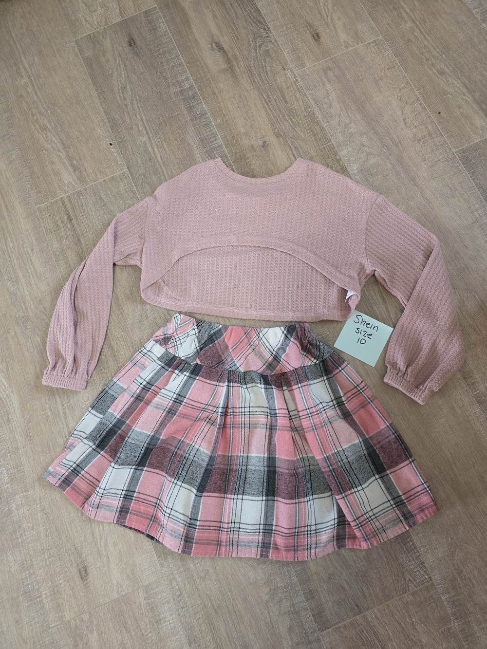 SHEIN Pink Plaid Skirt Set with Cropped Waffle Top